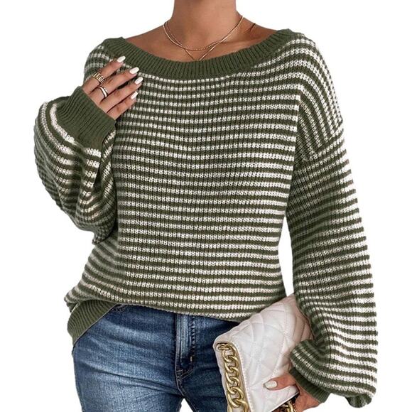 Cupshe Sweaters - NWT Cupshe Women’s Small Oversized Striped Knit Off Shoulder Sweater Top Green